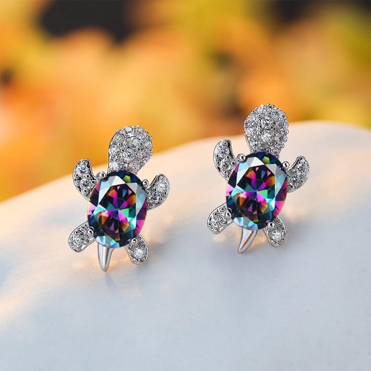 1pair Ellipse Shaped Gradient Cubic Zirconia Beach Style Turtle Stud Earrings For Women Multi color Crystal Animal Ear Jewelry SHEIN