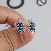 1對橢圓形狀漸變方晶鋯石和海灘風格龜耳釘適合女士,多色水晶動物耳朵首飾類 - 彩色的 - 查看 3