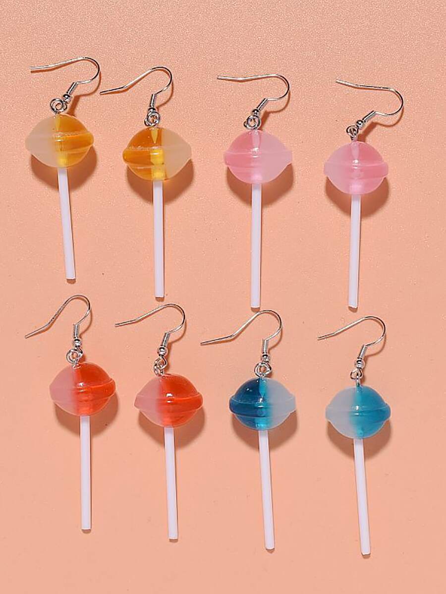 8 件夏日假日风格不锈钢环形耳环，创意甜美 3D 树脂棒棒糖设计，女孩礼品套装