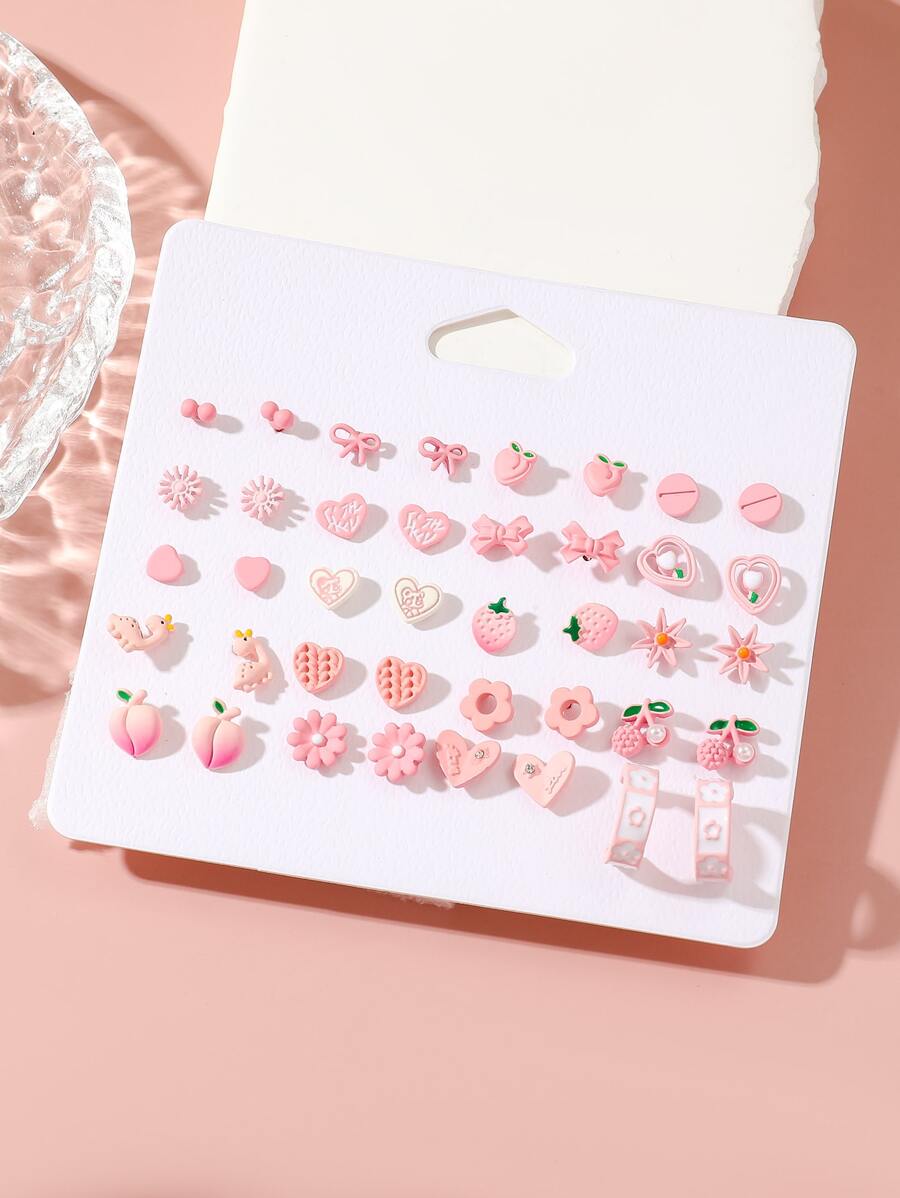 40入組可愛小粉色心和蝴蝶結形女士耳釘套裝,裝飾用品禮品