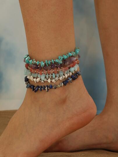 6pcs/set Multi-color Turquoise Beaded Bohemian Anklets For Girls, Suitable For Beach Party, Adjustable Size