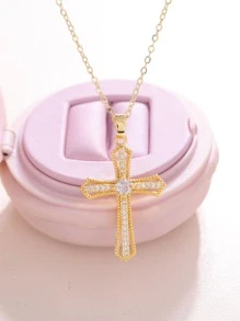 Cubic Zirconia Cross Charm Necklace - Yellow Gold - View 3