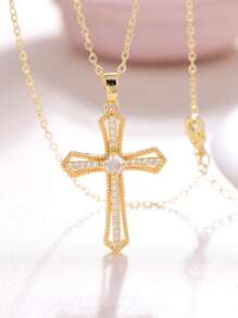 Cubic Zirconia Cross Charm Necklace - Yellow Gold - View 1