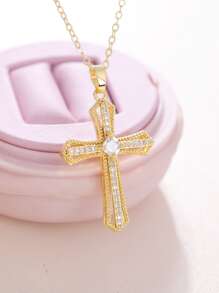 Cubic Zirconia Cross Charm Necklace - Yellow Gold - View 2