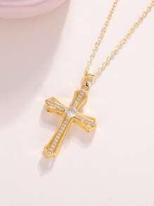 Cubic Zirconia Cross Charm Necklace - Yellow Gold - View 5