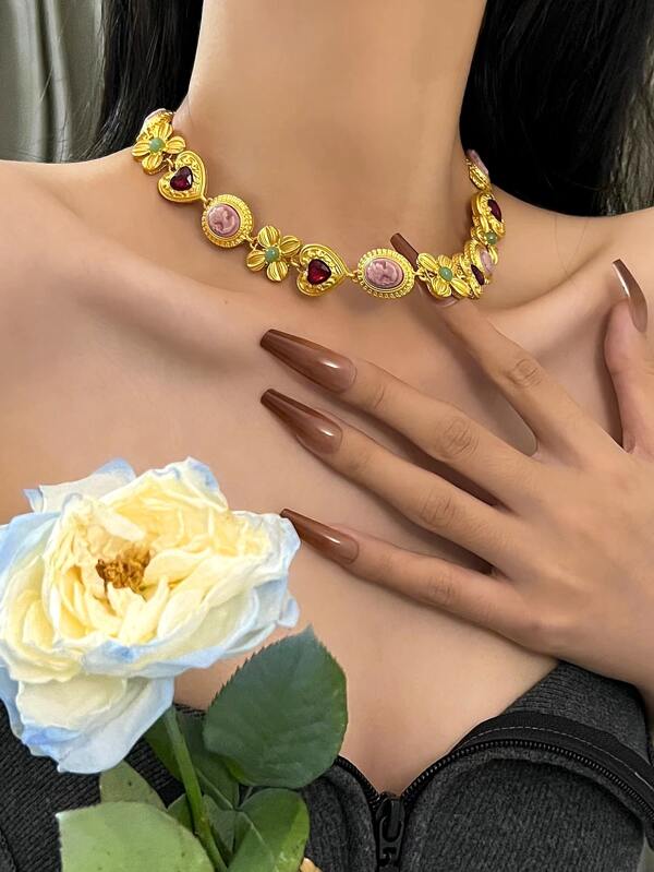 Collier À Chaîne vintage Français Romantique Fleuri Adapté Pour Femme