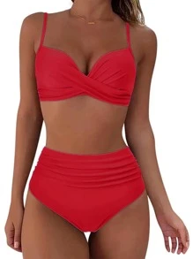 红色高腰荷叶边比基尼，波西米亚风吊带泳衣，高弹舒适