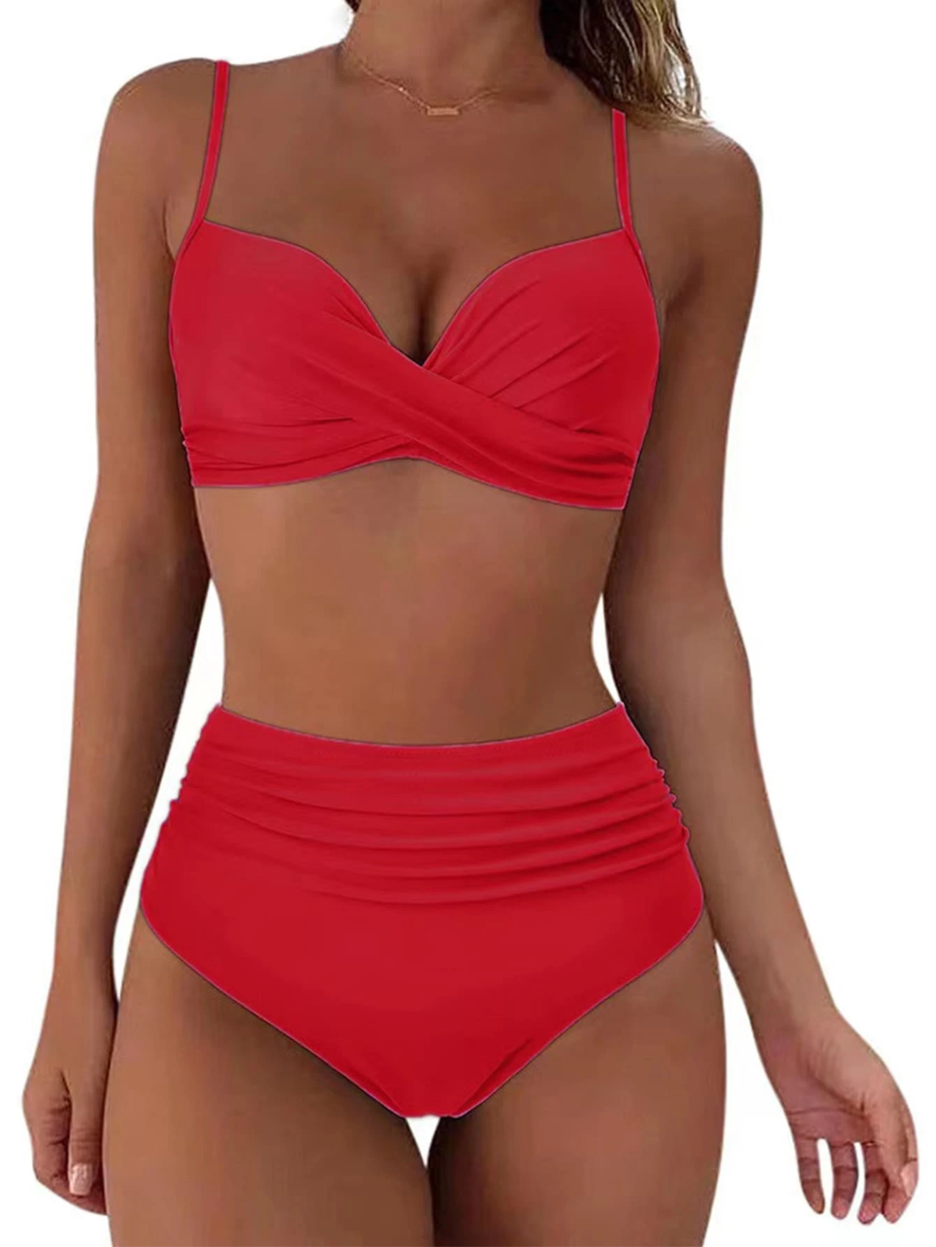 红色高腰荷叶边比基尼，波西米亚风吊带泳衣，高弹舒适