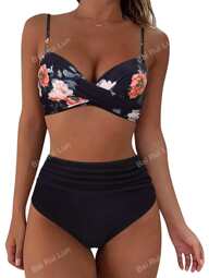 Summer 2pcs Bikini Swimwear Set, Sexy Gather Type Thong Style, Random Floral Print, Women Beach Wear