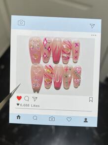 10入組的短方形指甲光療手掌指甲甜美風女孩風格蝴蝶結Love透明鐳射熊閃爍水鑽鏈條粉色的火焰按類型可重複使用指甲假帶果凍膠水1片擦條1片 - 彩色 - 查看 1