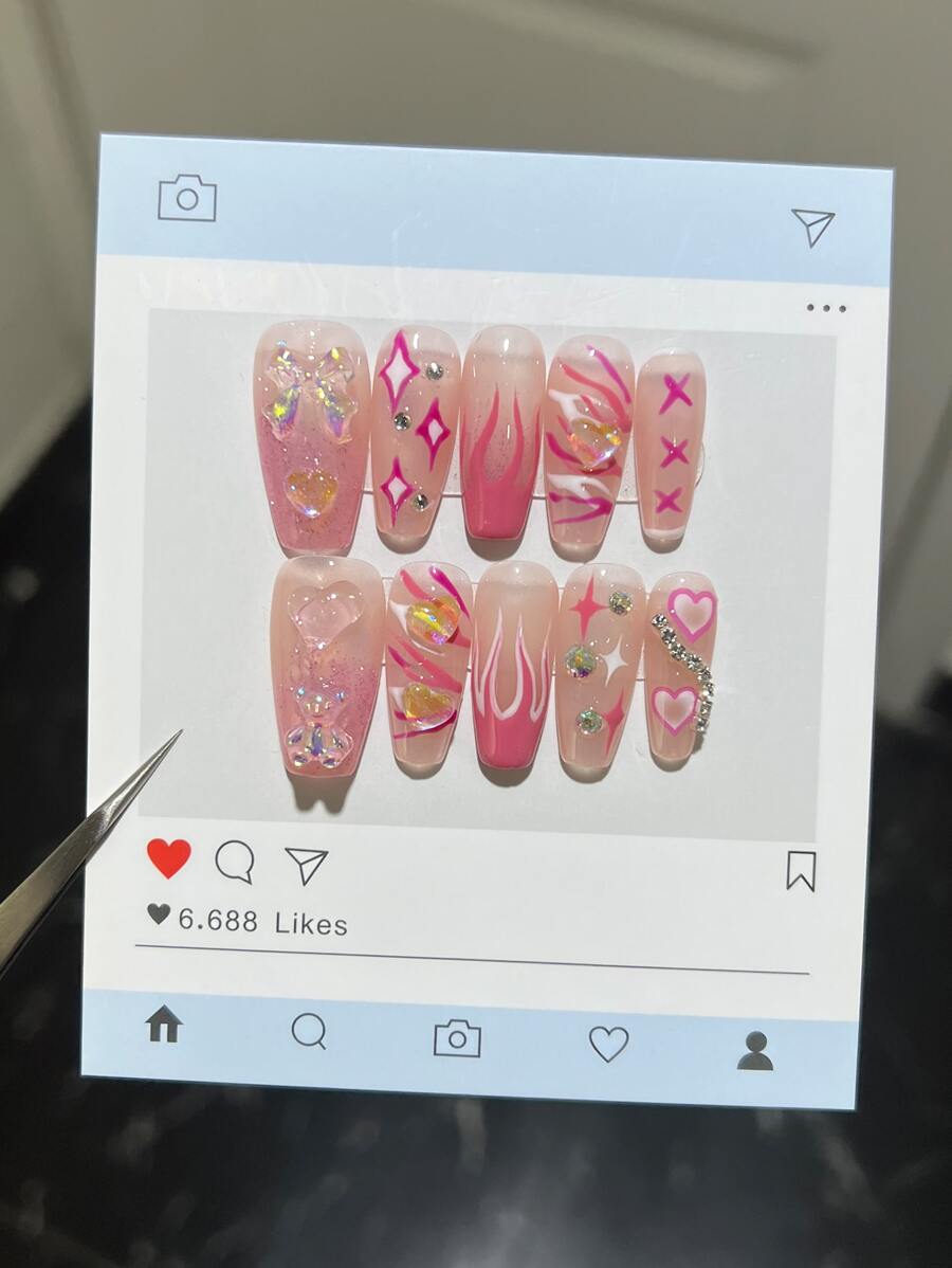 10入組的短方形指甲光療手掌指甲甜美風女孩風格蝴蝶結Love透明鐳射熊閃爍水鑽鏈條粉色的火焰按類型可重複使用指甲假帶果凍膠水1片擦條1片 - 彩色 - 查看 1