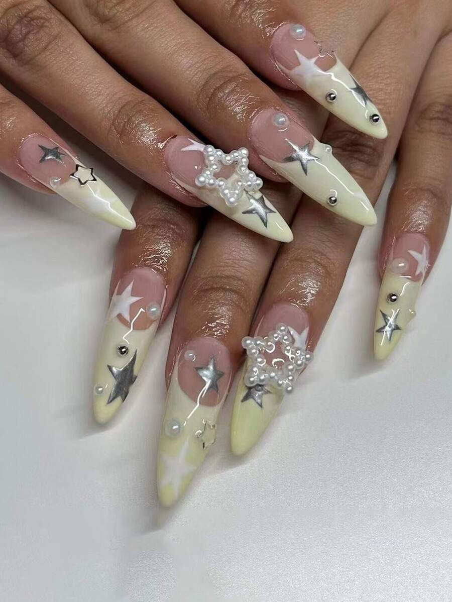 24pcs Long Almond Shape French Style Yellow Edge White Pearl & Rhinestone Decor False Nail Set For Daily Life, Dance Party Suitable For Students And Women Press On Nails Nail Supplies - Multicolor - View 1
