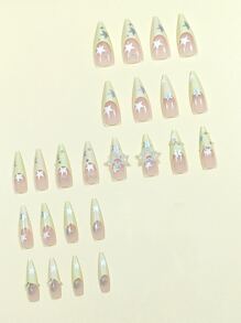 24pcs Long Almond Shape French Style Yellow Edge White Pearl & Rhinestone Decor False Nail Set For Daily Life, Dance Party Suitable For Students And Women Press On Nails Nail Supplies - Multicolor - View 3