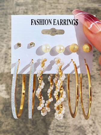 12pcs Vintage Faux Pearl & Rhinestone Inlaid Earrings, Geometric Circle Earrings Set
