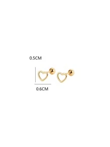 1 Pair Delicate Unique Design Hollow Heart Ear Studs, Screw Back Ear Cuff - Yellow Gold - View 5
