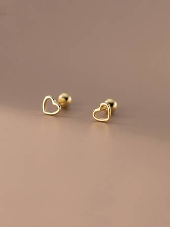 1 Pair Delicate Unique Design Hollow Heart Ear Studs, Screw Back Ear Cuff