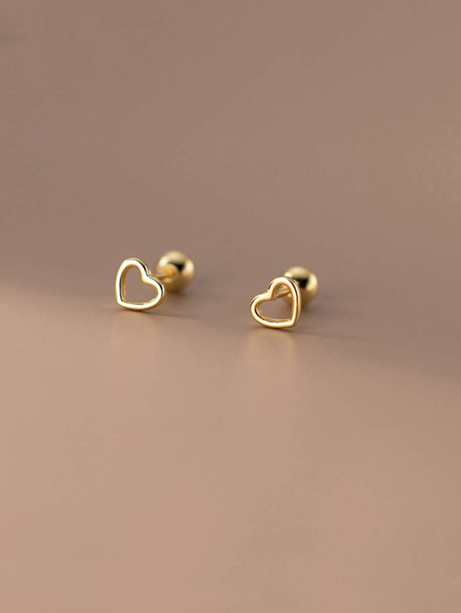 1 Pair Delicate Unique Design Hollow Heart Ear Studs, Screw Back Ear Cuff - Yellow Gold - View 1