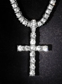 男士女性嘻哈十字吊墜項鍊帶4mm方晶鋯石網球鏈條冰鎮金光閃閃項鍊龐克首飾類時尚禮品 - 銀色 - 查看 7