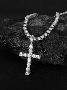 男士女性嘻哈十字吊墜項鍊帶4mm方晶鋯石網球鏈條冰鎮金光閃閃項鍊龐克首飾類時尚禮品 - 銀色 - 查看 9