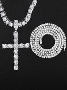 男士女性嘻哈十字吊墜項鍊帶4mm方晶鋯石網球鏈條冰鎮金光閃閃項鍊龐克首飾類時尚禮品 - 銀色 - 查看 6