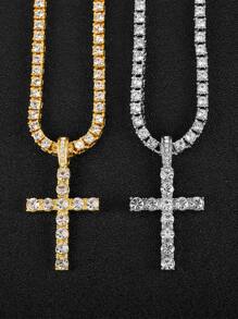 男士女性嘻哈十字吊墜項鍊帶4mm方晶鋯石網球鏈條冰鎮金光閃閃項鍊龐克首飾類時尚禮品 - 銀色 - 查看 4