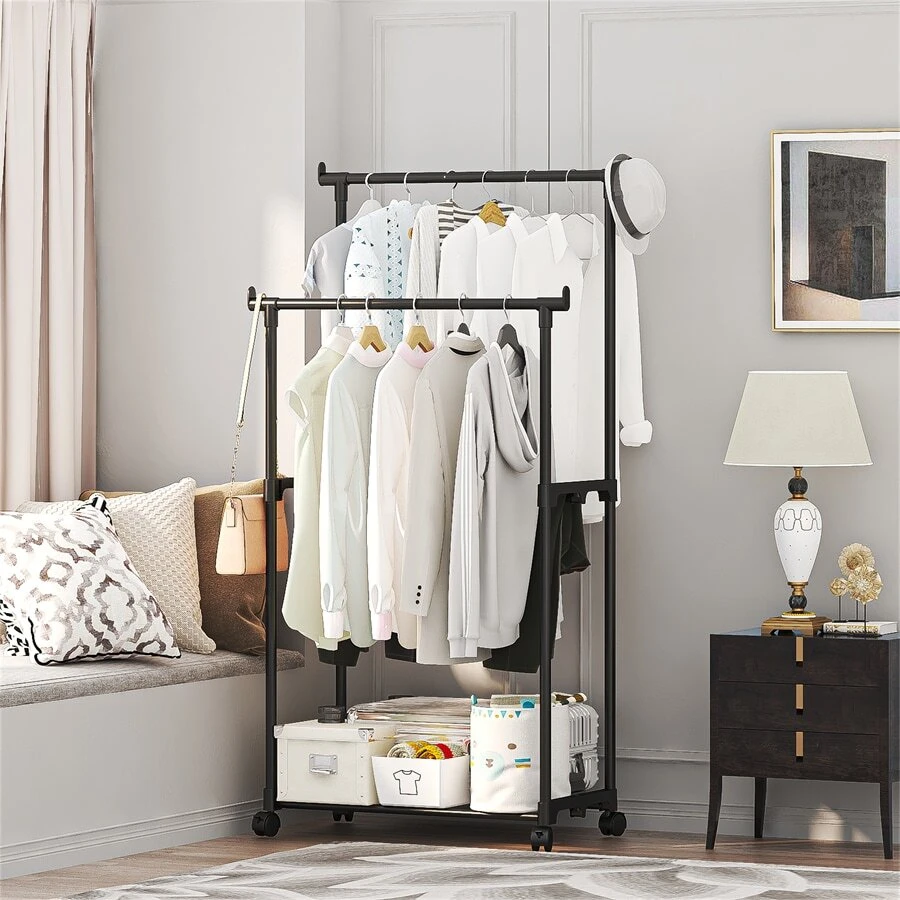 1pc Simple Double Rod Clothing Rack With Wheels, Lockable Casters, Chrome-Plated Black Finish - Black - View 1