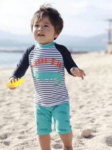 男嬰條紋和字母圖案高領插肩袖泳裝 - 彩色 - 查看 1