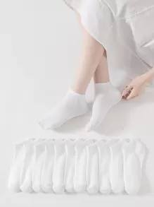 12雙白色素色平底設計透氣和止汗走女士短襪 - 白色 - 查看 3