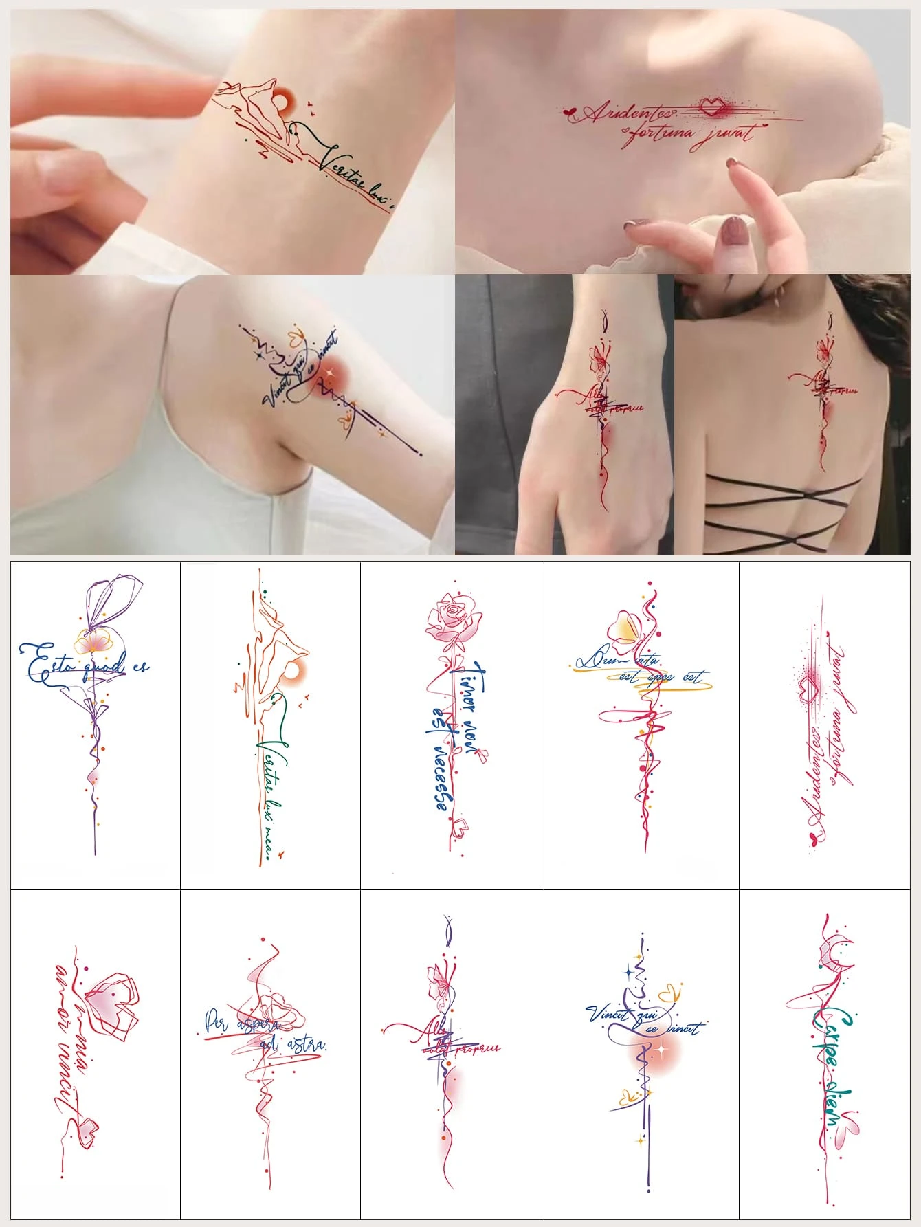 10 piezas/set Etiqueta engomada del tatuaje temporal de colores línea & patrón , impermeable con larga duración , realista con personalizado - Multicolor - Ver 1