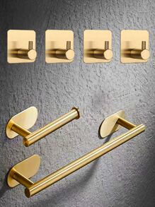 6pcs Bathroom Hardware Set Without Drill, Stainless Steel Bath Accessories, Towel Bar, Towel Rack, Tissue Roll Holder, Wall Mounted Hooks, For Robe, Hat - Gold - View 1