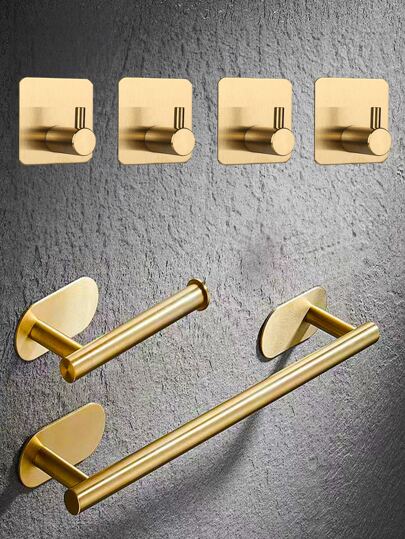 6入組浴室五金套裝不附帶鑽頭,不銹鋼沐浴配件,毛巾杆,毛巾架,紙巾架,掛壁式掛鉤,適用於睡袍,帽