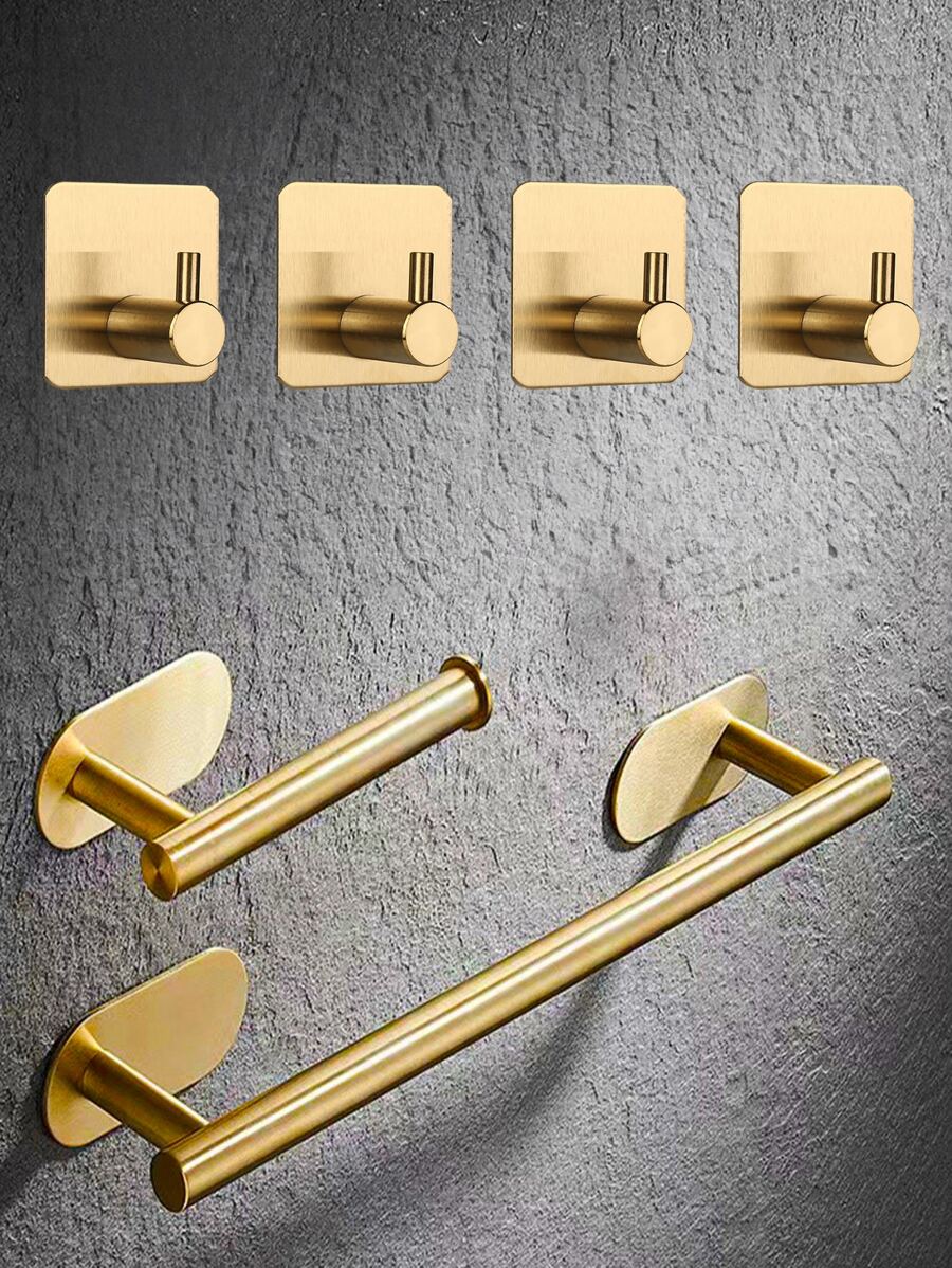 6pcs Bathroom Hardware Set Without Drill, Stainless Steel Bath Accessories, Towel Bar, Towel Rack, Tissue Roll Holder, Wall Mounted Hooks, For Robe, Hat - Gold - View 1