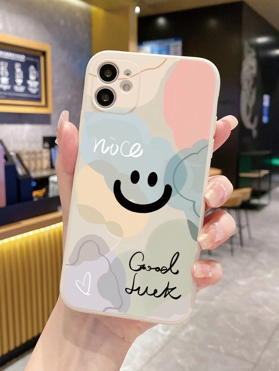 1个时尚笑脸砂岩直边保护手机壳,兼容苹果/红米/vivo/OPPO/防水防震防摔防刮 - 米色 - 查看 1