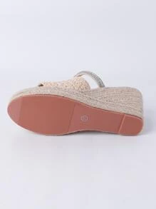 女性水鑽裝飾草編鞋底涼鞋,度假夏天坡跟涼鞋 - 米色 - 查看 8