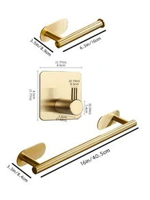 6pcs Bathroom Hardware Set Without Drill, Stainless Steel Bath Accessories, Towel Bar, Towel Rack, Tissue Roll Holder, Wall Mounted Hooks, For Robe, Hat - Gold - View 5