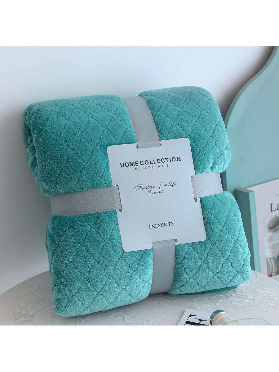 1入組加厚單層素色線格有圖案法蘭絨毯子適用於四季 - 綠色 - 查看 1