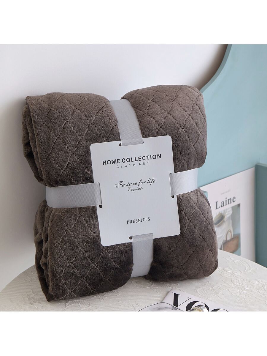 1入組加厚法蘭絨棋盤格素色衍縫毯子適用於四季 - 咖啡棕 - 查看 1