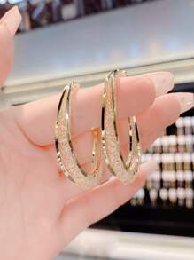 Rhinestone Decor Hoop Earrings - Yellow Gold - View 1