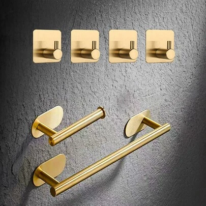 6入組浴室五金套裝不附帶鑽頭,不銹鋼沐浴配件,毛巾杆,毛巾架,紙巾架,掛壁式掛鉤,適用於睡袍,帽