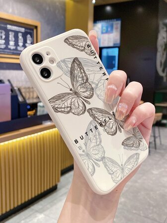 1pc Fashion Butterfly Shadow Beige Matte Edge Perforated Anti-Fall Phone Case Compatible With Apple/Redmi/OPPO/VIVO/ Waterproof Shockproof Scratch Resistant