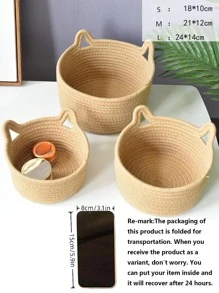 1pc Cat Ears Decor Woven Desktop Storage Basket - Beige - View 8