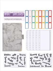 A6 PU 皮革預算夾筆記本現金信封系統套裝，帶夾袋，用於財務預算和帳單管理，適合組織者 5入組拉鍊口袋，2入組字母貼紙 1入組索引標籤 - 灰色 - 查看 1