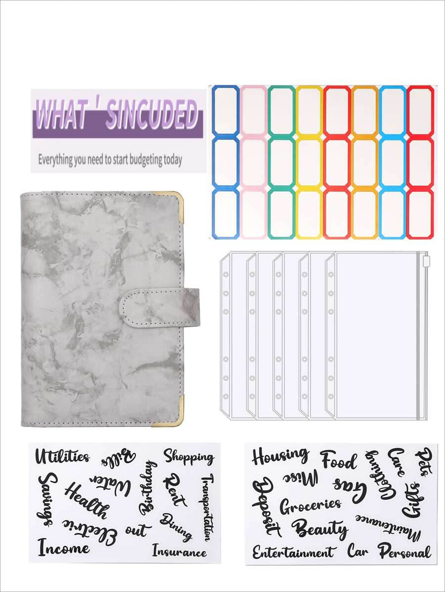 A6 PU 皮革預算夾筆記本現金信封系統套裝，帶夾袋，用於財務預算和帳單管理，適合組織者 5入組拉鍊口袋，2入組字母貼紙 1入組索引標籤 - 灰色 - 查看 1
