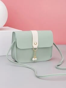 带珍珠吊坠的小方形斜挎包，可爱拼色翻盖迷你钱包，适合女孩 - 綠色 - 查看 2