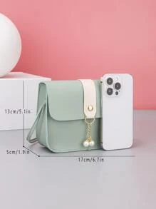 带珍珠吊坠的小方形斜挎包，可爱拼色翻盖迷你钱包，适合女孩 - 綠色 - 查看 3