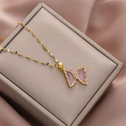 精美女士時尚蝴蝶吊墜項鍊製成帶合成纖維水晶和微鑲嵌方晶鋯石,完美禮品適合婚禮,週年紀念日,生日