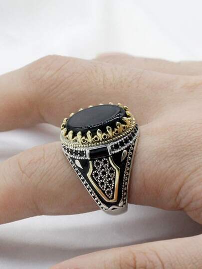 1pc Men's Personality Vintage Two-tone Ring, European And American Style Black Stone Fashion Ring For Men