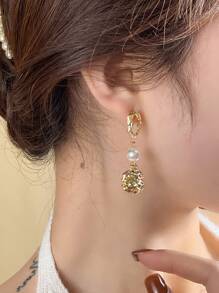 Gold Pearl Earrings Asymmetrical Baroque Narural Pearl Earrings Chain Drop Cuff Earrings Jewelry Gift For Women & Girls