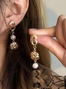 Gold Pearl Earrings Asymmetrical Baroque Narural Pearl Earrings Chain Drop Cuff Earrings Jewelry Gift For Women & Girls