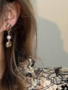 Gold Pearl Earrings Asymmetrical Baroque Narural Pearl Earrings Chain Drop Cuff Earrings Jewelry Gift For Women & Girls